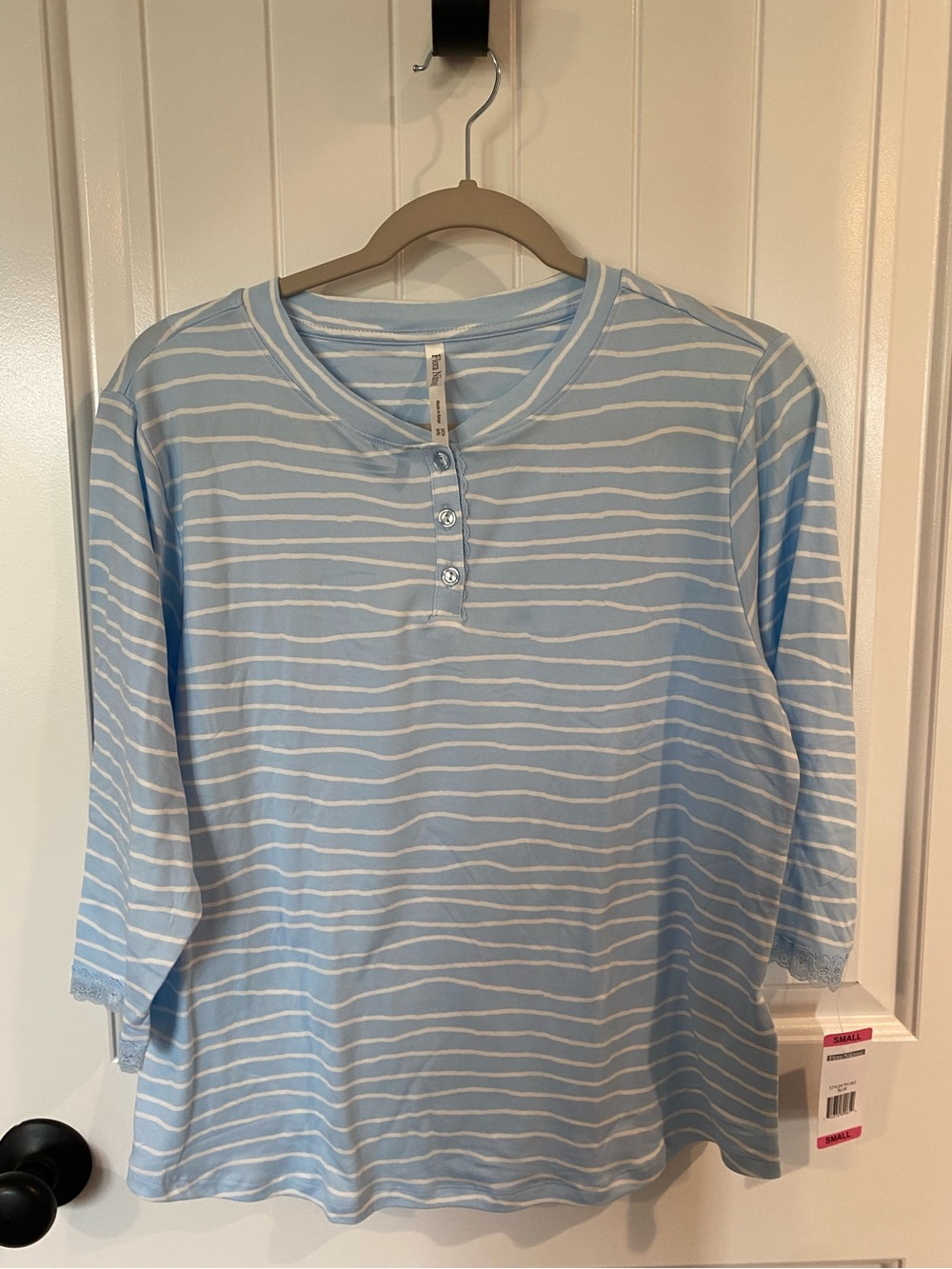Flora Nikrooz Light Blue & White Striped 3/4 Sleeve Henley Top